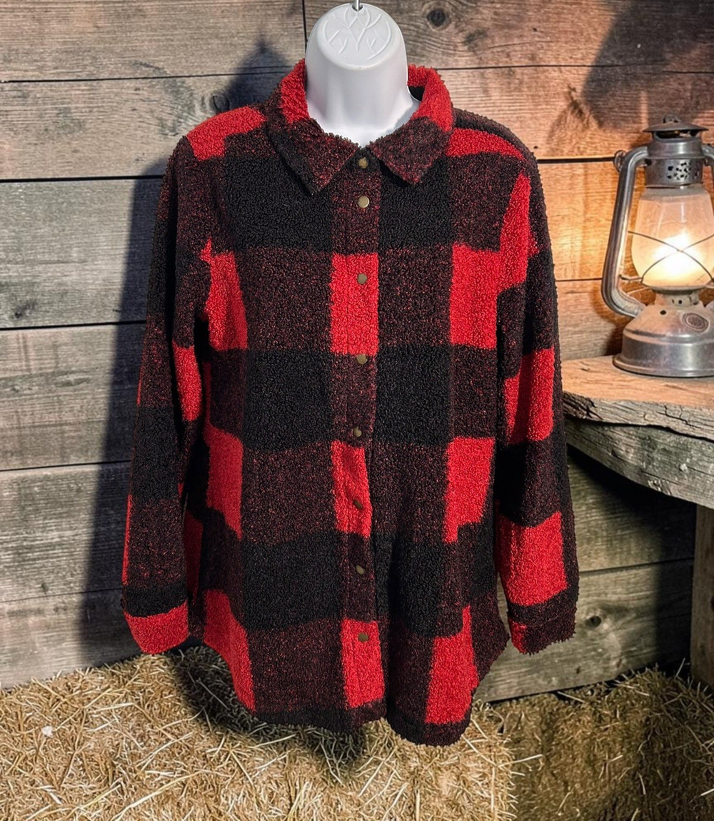 Bobeau Sherpa Shacket Sz Small Black Red Plaid Button Front Soft Jacket